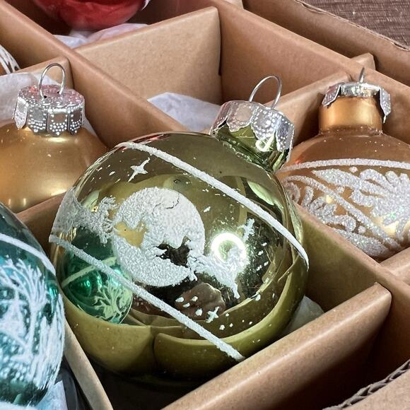 2013 Target Box of 8 Various Color Mini Glass Ball Scene Ornaments w/Glitter - Picture 6 of 10